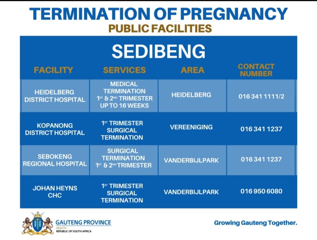 Abortions clinic in Sedibeng district  @GautengHealth  @CityofJoburgZA  @HealthZA  @SedibengDM #AbortionIsAWomansRight