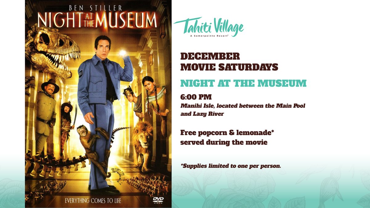 TahitiVillage's tweet photo. History aficionados and families alike will enjoy Saturday movie nights this month with our screening of Night at the Museum starring Ben Stiller.
https://t.co/gjk8CQ2WXl
#ResortActivities #ThisMonth #movienight https://t.co/th6HGRzGa3