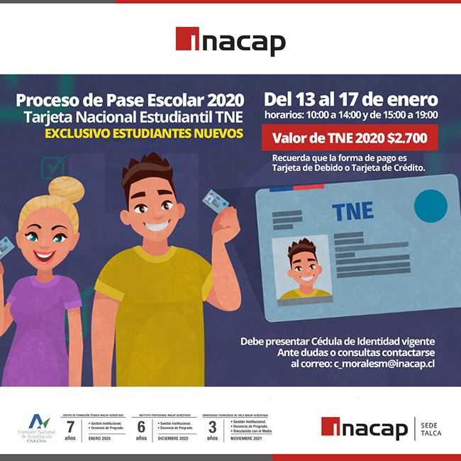 Inacap_Talca's tweet photo. Alumnos nuevos 👩‍🎓👨‍🎓 del 13 de enero comienza el proceso del Pase Escolar 2020. 
-
💡 Dudas o consultas comunicarse al correo c_moralesm@inacap.cl. https://t.co/8IPPGBJWpp