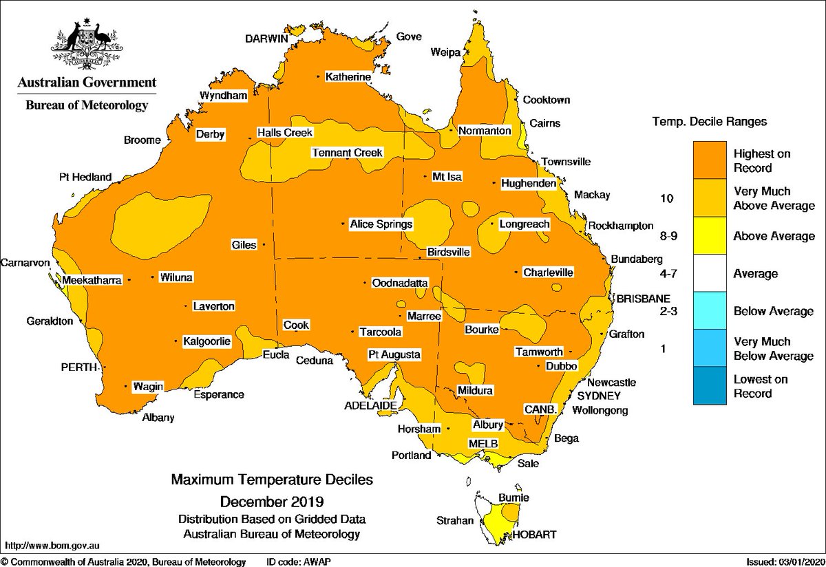 DaveThroup's tweet photo. Quite difficult to take this in when you consider the size of Australia.

The dark orange areas (most!) saw their highest recorded December temperature in 2019. https://t.co/Ec0zeUhipD