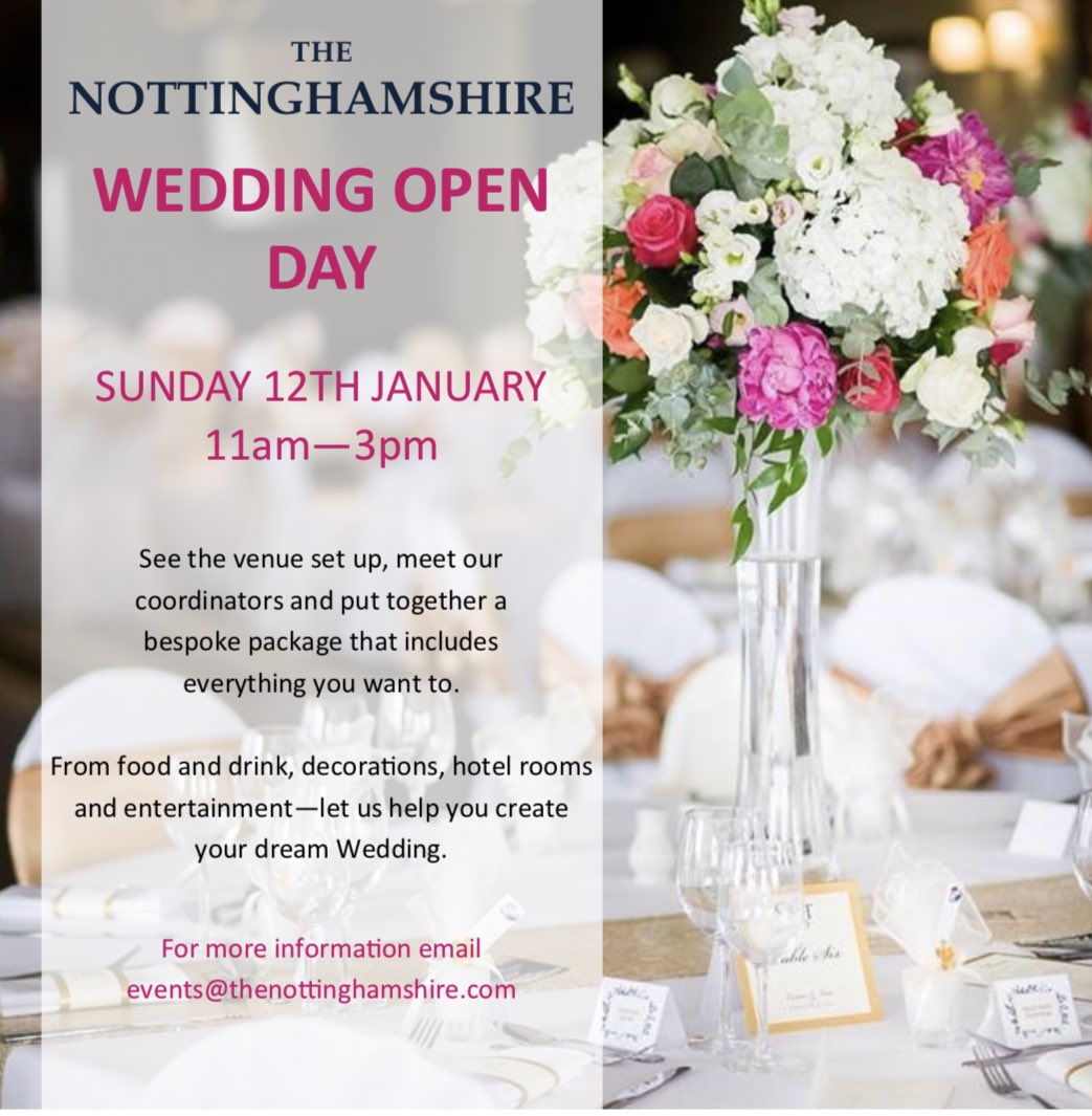 The first Wedding Open Day is just over one week away and we are SO excited <a href="/nottmshirewedd/">Nottmshire Wedding</a> HQ! 

January 12th 11am - 3pm 
First 20 couples receive a goodie bag full of exciting treats!! 

For more information email events@thenottinghamshire.com 

<a href="/thenottmshire/">The Nottinghamshire</a>