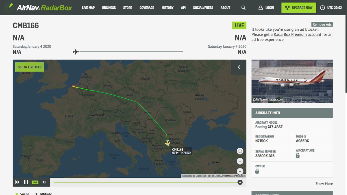 stedur93's tweet photo. Another round of CMB flight above Europe, both Boeing 747-400s: Kalitta Air N715CK #CMB166, departed from Ostend, and Atlas N322SG #CMB589, departed from Hahn. (Screenshot from #RadarBox24) https://t.co/cyZCZmpjFn