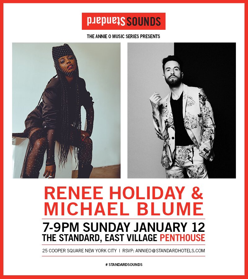 THE ANNIE O MUSIC SERIES PRESENTS:
#ReneeHoliday &amp; @mblumemusic 
7-9pm Sunday January 12th 
RSVP: ANNIEO@STANDARDHOTELS.COM
#StandardSounds
#AnnieO

💋✨