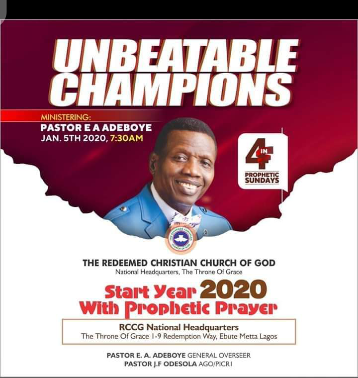 HouseofdavidO's tweet photo. Join us for the first service in 2020 with Pst E.A. Adeboye via telecast in *House of David*
Your light will shine this year.
#RCCGHouseOfDavid
#FirstSundayIn2020 https://t.co/fuaGRGnBAh