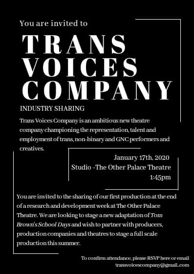 HazKnights's tweet photo. Come on industry pros. Especially producers and theatres. A brand new trans theatre company have an industry sharing on 17th Jan. We’ve so far had poor response, which is really very sad. We need better representation but we can’t do it without your help. #OVConnect #theatre https://t.co/nDpMVq40aW