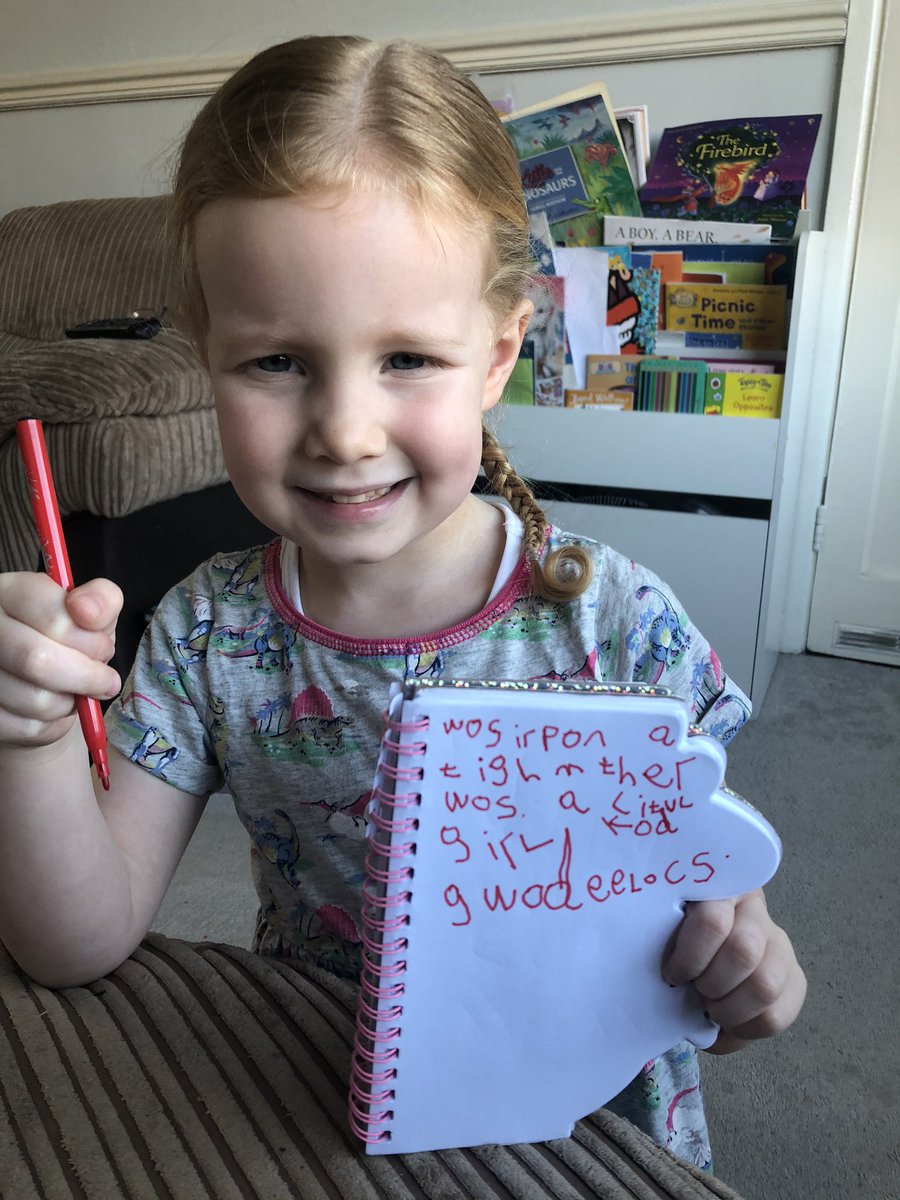 jessicahonnor's tweet photo. “Mammy, I can write you a story to make you happy, I’ll do Goldilocks” #mybestgirl #cleverbean #eyfs #onlyfour https://t.co/7rn1lNgrEM