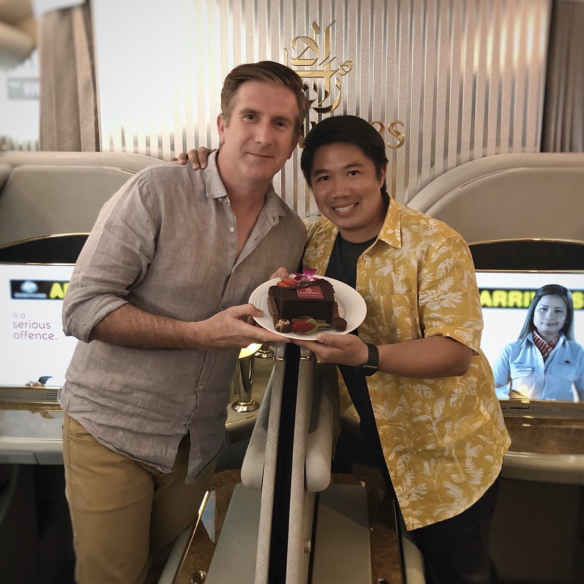 jcooper_au's tweet photo. 🥂🍾 Commemorating our #honeymoon in @emirates #firstclass. 🥰 Thank you to the crew for making it such an incredibly memorable flight. 👏🏻👨‍❤️‍💋‍👨 https://t.co/IBIao84Vyv https://t.co/c7STblcq3m