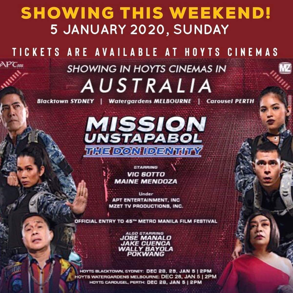 IsaInOz's tweet photo. Last screening today at 2pm in HOYTS BLACKTOWN, WATERGARDENS and CAROUSEL AUS🇦🇺 Don’t miss it ! Sugod na sa Hoyts Cinemas @DirekMike @mainedcm @menggalurks @MBUycoco @eatbulaga @MAINEnatics_au @aldubvines @MaineAlden16 #MaineMendoza https://t.co/oucJQ3HYZo