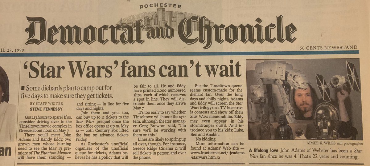 AwesomeGeekShow's tweet image. That one time we made the front page of the Rochester NY Democrat and Chronicle for being Star Wars fans.
-the original article &amp;amp; the follow up article while we were in line.
20 years ago....

#StarWars #ThatOneTime #PhantomMenace @ChrisPirillo @yak_face @4LOMKUSS @woodysalaskan