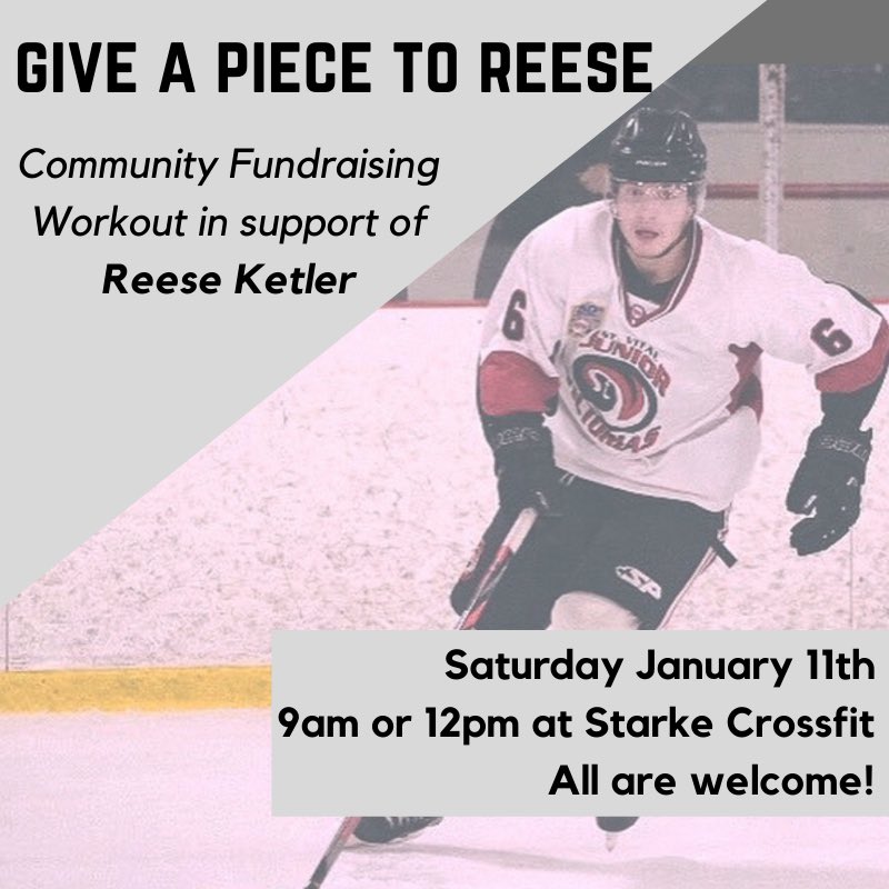 StarkeStrength's tweet photo. Come join us for a fundraiser workout Saturday January 11th at 9am or 12pm in support of Reese Ketler who suffered an accident playing hockey that left him paralyzed from the trunk down. Email ali@starkestrength.com to register or donate to Reese’s Go Fund Me page. https://t.co/4qKL0LZK1A