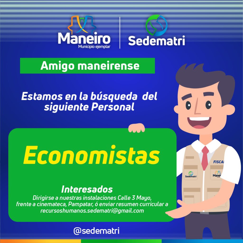 AlcaldiaManeiro's tweet photo. Amigo Maneirense, estamos en búsqueda del siguiente personal, desliza para ampliar información 👉: 

Licenciados en Ciencias Fiscales, Economía, Administración y Contaduría Pública.

Te esperamos en nuestra sede, calle 3 de Mayo, Pampatar. @sedematri #MunicipioEjemplar https://t.co/BgAMMqTiEi