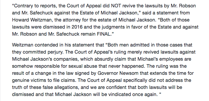 andjustice4some's tweet photo. Weitzman's statement on the media's claim that Robson's and Safechuck's lawsuits have been "revived". https://t.co/9A0781cFhw