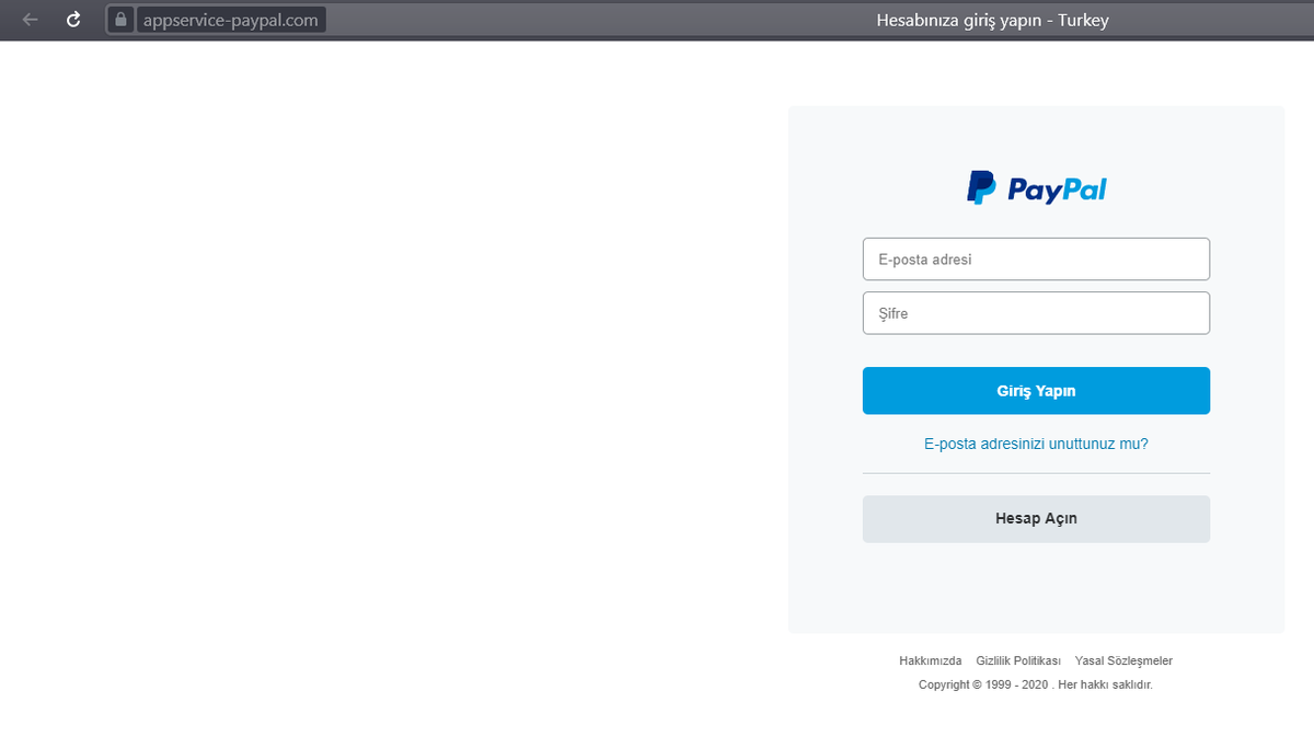 Also there is a #English and #Turkish #Phishing #Paypal website.

One of them has Let's Encrypt certificate and the other has no certificate.

http://paypaluk-security-updates[x]com
https://appservice-paypal[x]com

#CyberSecurity #infosec