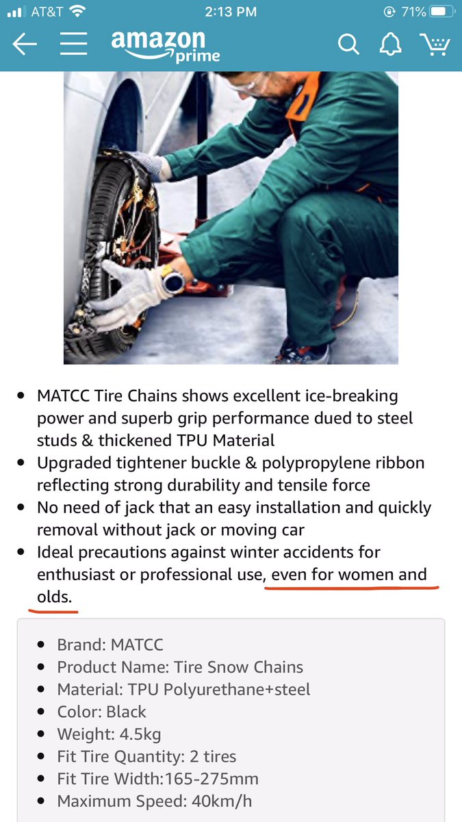 _tay_alexander_'s tweet photo. Can’t believe I just read this 😂 this company sells tire chains suitable for EVEN WOMEN AND old people 🤦🏼‍♀️ smh @amazon @AmazonHelp https://t.co/5tzdGbmOMk