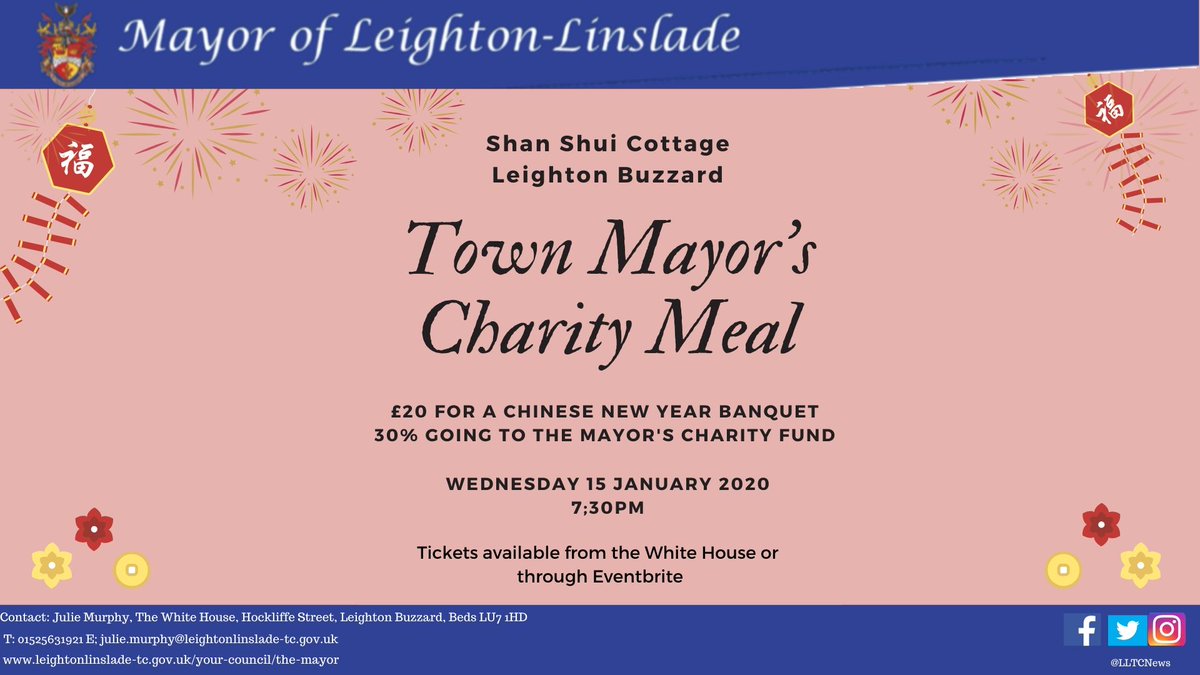 Fancy a Chinese New Year Banquet? Then get your tickets to the Leighton Buzzard Town Mayor's Charity Meal. Wednesday 15 Jan at 7.30 at Shan Shui Cottage. eventbrite.co.uk/e/charity-meal…