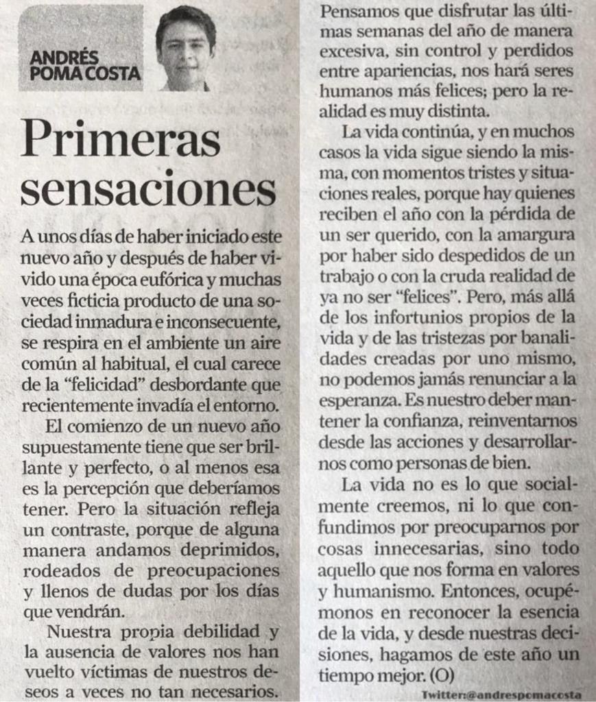 Las percepciones iniciales de este nuevo año son muy distintas a las que por costumbre pensaríamos. Por ejemplo, la "felicidad" de hace unos días ya no es la misma. 

Gracias a #DiarioLaHora, comparto  con ustedes mi primer #artículo del 2020.