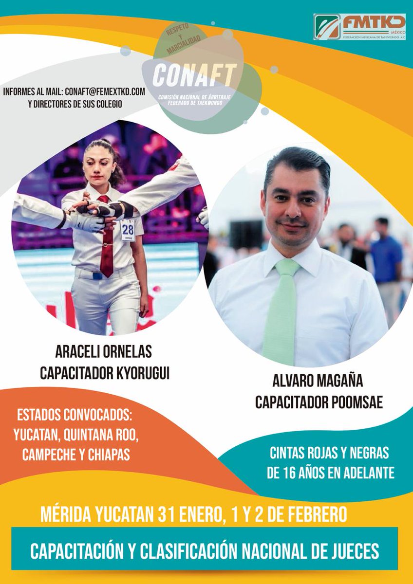 femextkdoficial's tweet photo. Del 31 de enero al 2 de febrero, en Mérida, Yucatán, se realizará la Capacitación y Clasificación Nacional de Jueces. #Taekwondo #FMTKD https://t.co/TspcsJt8ot