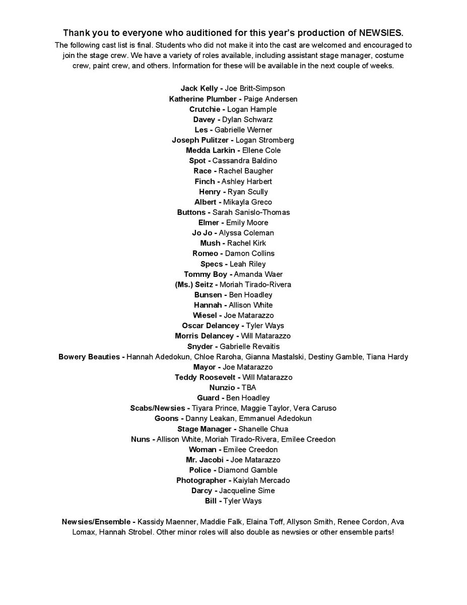 SHSSilvertones's tweet photo. Newsies cast list. https://t.co/zupiJGoans