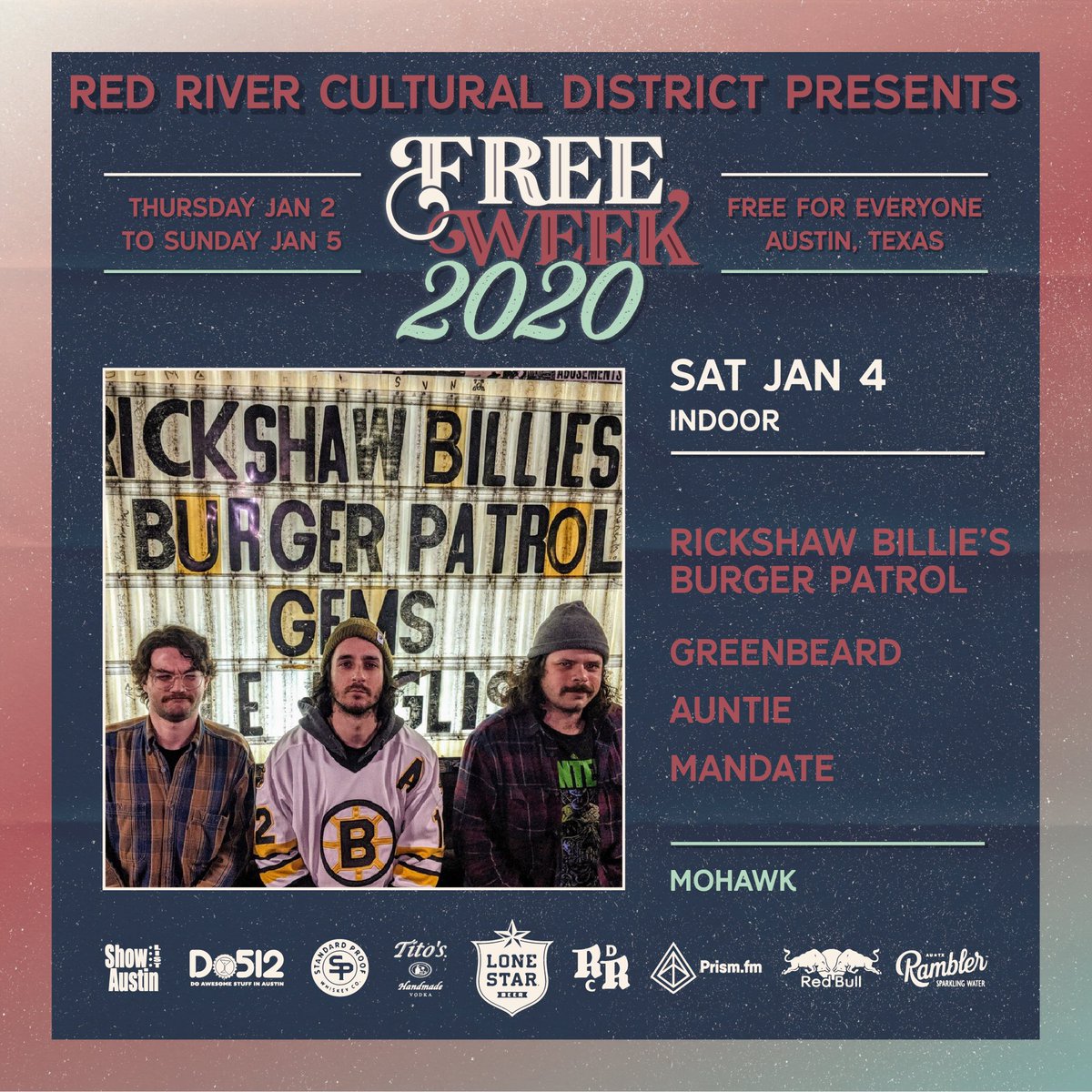 🎉Party at the ‘hawk during our #FreeWeek2020 Friends 4-Ever Extravaganza feat. American Sharks, Eagle Claw, Billy King &amp; The Bad Bad Bad, Thieves, Rickshaw Billie's Burger Patrol, Greenbeard, Auntie, Mandate! Doors at 8pm, all ages. See ya soon!🎉
