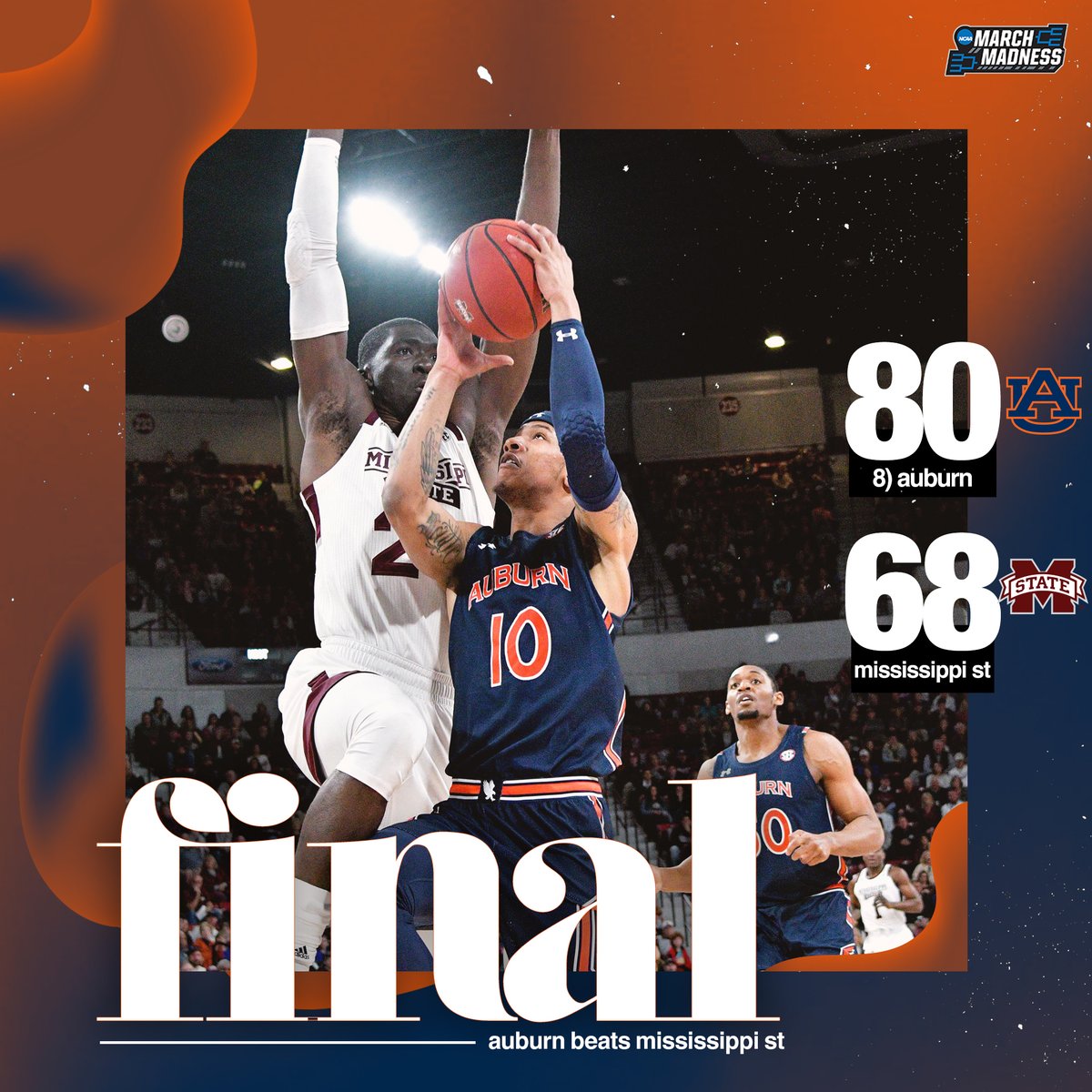 MarchMadnessMBB's tweet photo. 1️⃣3️⃣-0️⃣

No. 8 Auburn stays perfect on the season with its win over Mississippi State to begin SEC play! #WarEagle https://t.co/GNYfkrqNWz