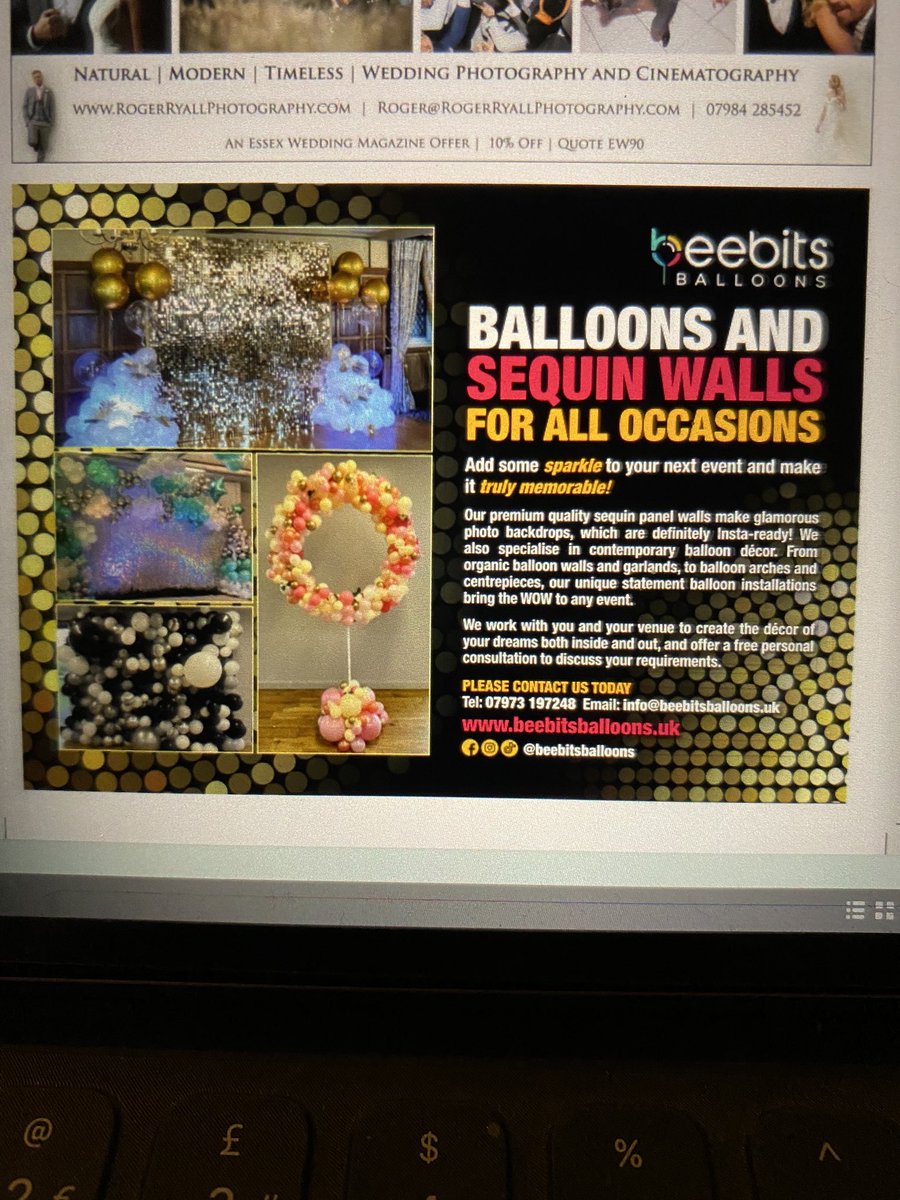 beebitsballoons's tweet photo. Another exciting milestone for @beebitsballoons 
Our first advert in An Essex Wedding magazine is out now!
Follow @beebitsballoons 
#essexparty #essexballoons #balloondecor #sequinwall #essexsequinwall #essexweddings #qualatexeurope #bespokeballoons #bridetobe @CWM_AEW https://t.co/uUHYUdaTq1