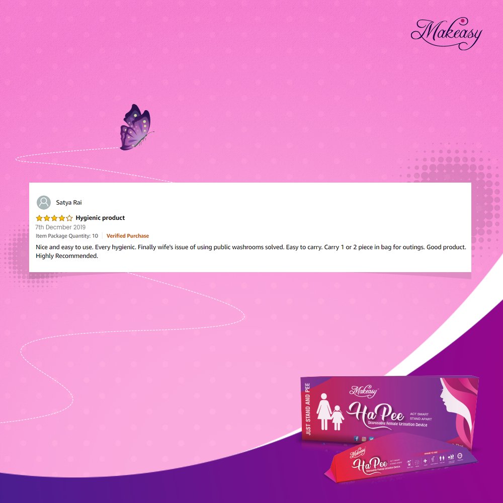 makeasyglobal's tweet photo. Thank you! Satya for such kind words.
We are pleased to know that we were able to help you.
#Makeasy #FeelEasyToFly #HaPee #femaleurinationdevice #WomenHealth #WomenLifestyle #WomenCare #Inspiration #FOMO https://t.co/Jg8bTyrVdU
