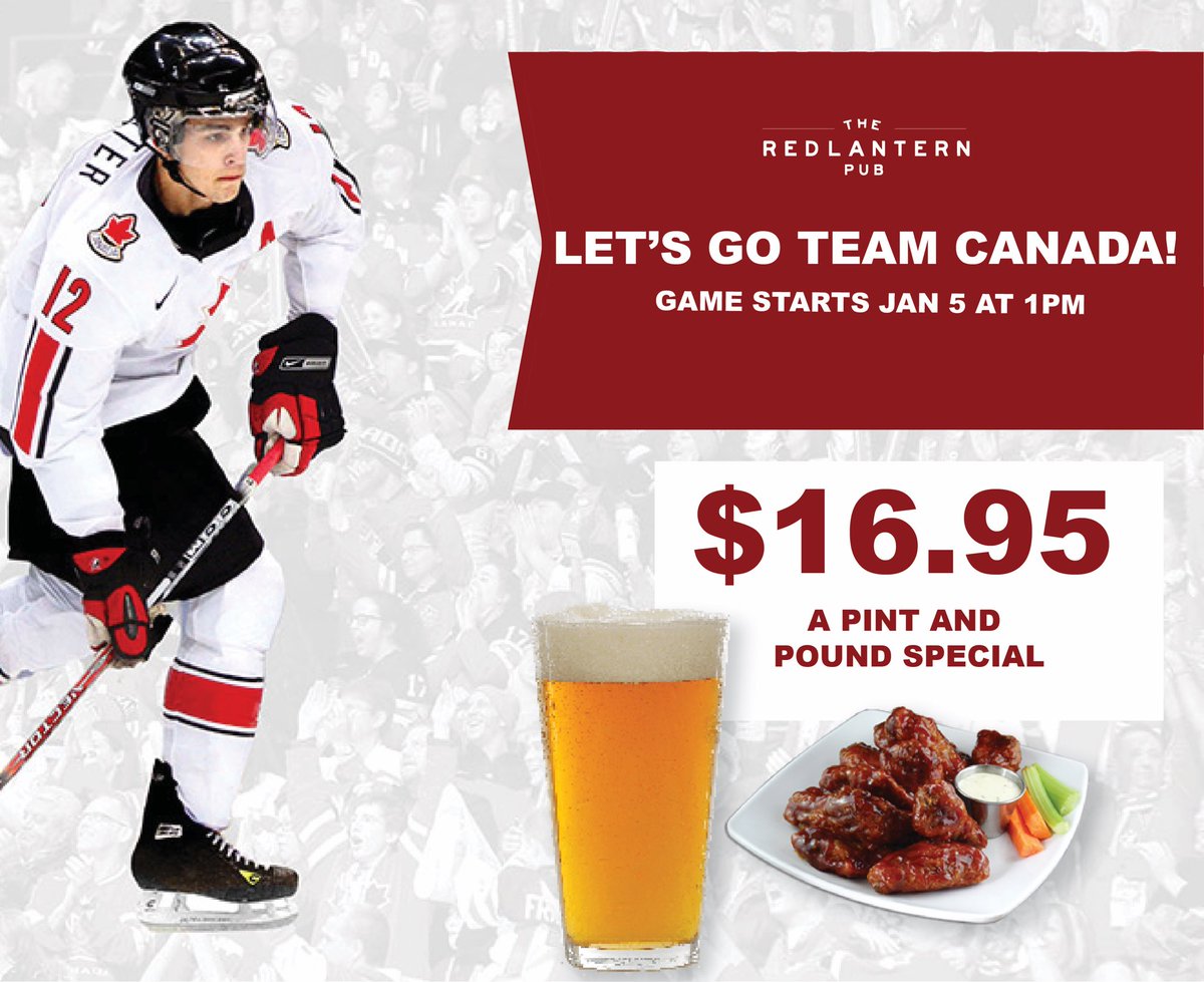 redlanternpub's tweet photo. Let’s go Team Canada at the Gold Medal Junior Hockey game!! To celebrate join us tomorrow after 1pm for $16.95 special of one pound wings + pint! 🍻🇨🇦 #TeamCanada https://t.co/D9aZ0pOQPd