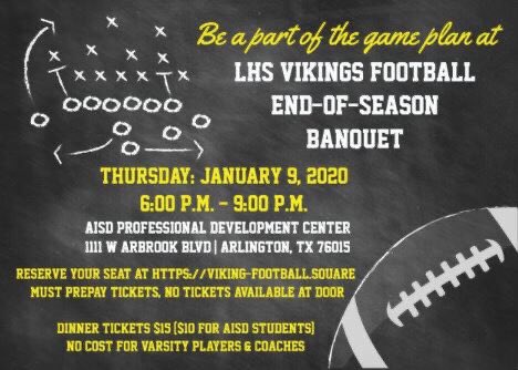 lamarvikings's tweet photo. End-of-Season Banquet this Thursday. No cost for Varsity players &amp; coaches. Purchase tickets at https://t.co/N8jNG8yoLL 
Dinner tickets $15 ($10 for AISD students)
NOTE: tickets must be prepaid &amp; will not be available at the door. https://t.co/zMTZ3mX6yD