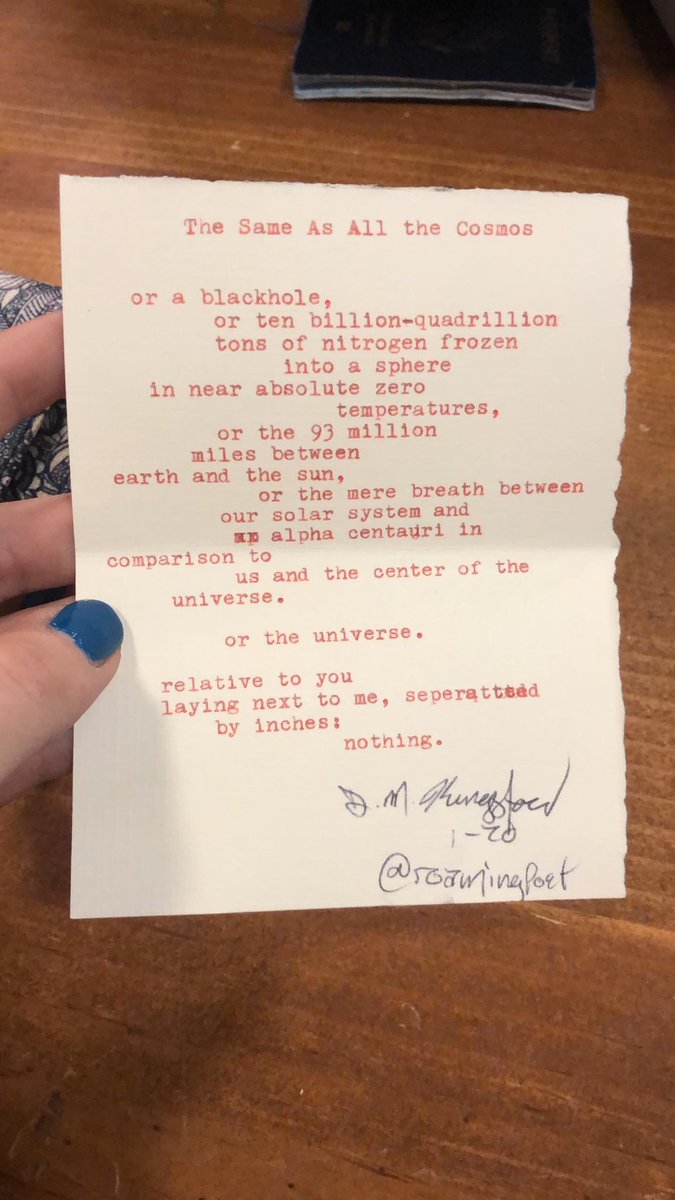 saw two lovely fellow poets on the streets of denver offering typewriter poems in exchange for a topic. i picked the topic of space, and tipped them both for their words ❣️
