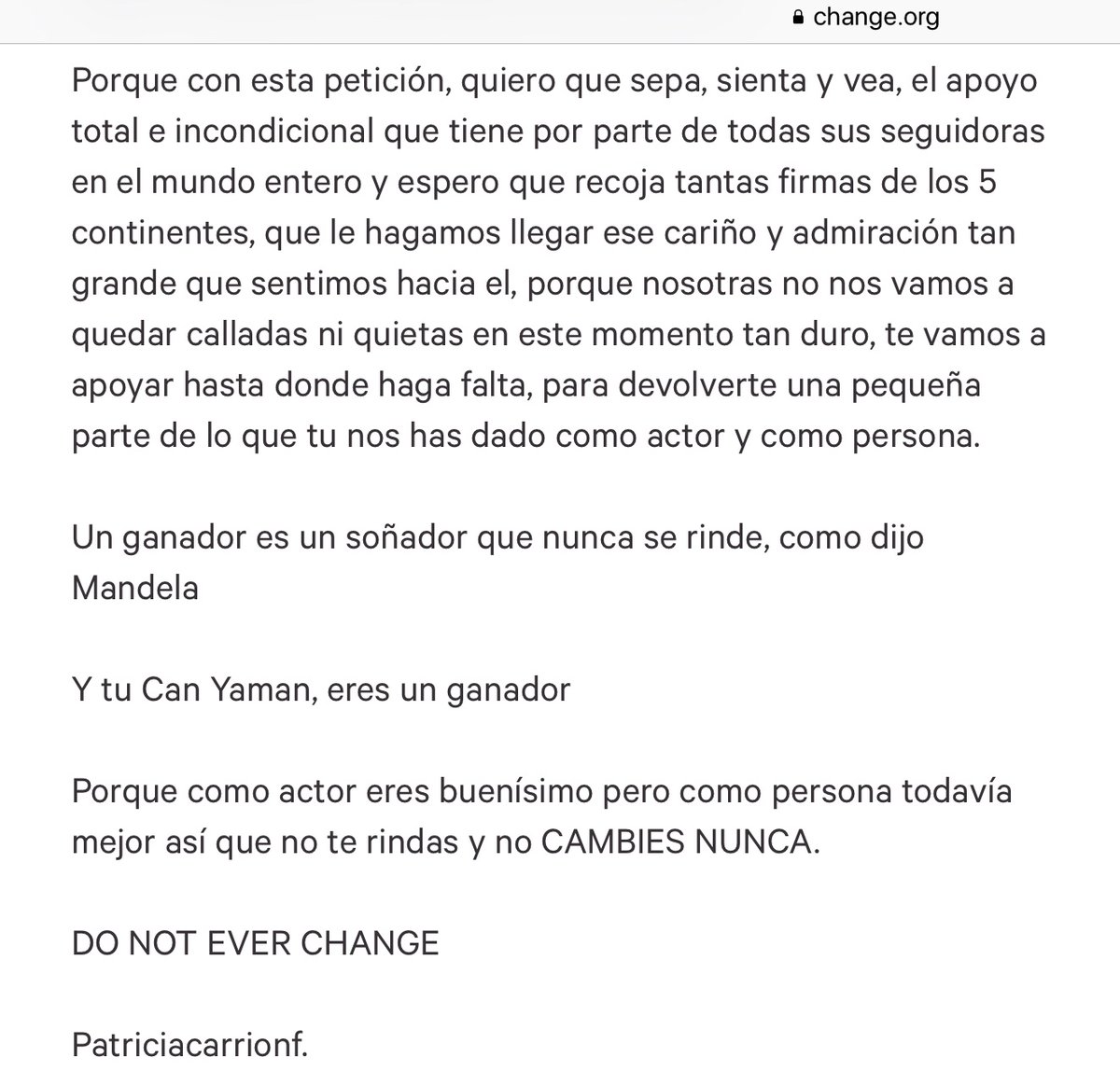 #CanYaman
#SupportCanYaman
#CanYamanaDestekOl
Türk medyasının Can Yaman’ı kötüleme çalışmalarına karşı İspanyol bir hayranının Can Yaman’a destek kampanyası.Bütün hayranları imzalasın, ben imzaladım 
change.org/p/apoyo-a-can-…