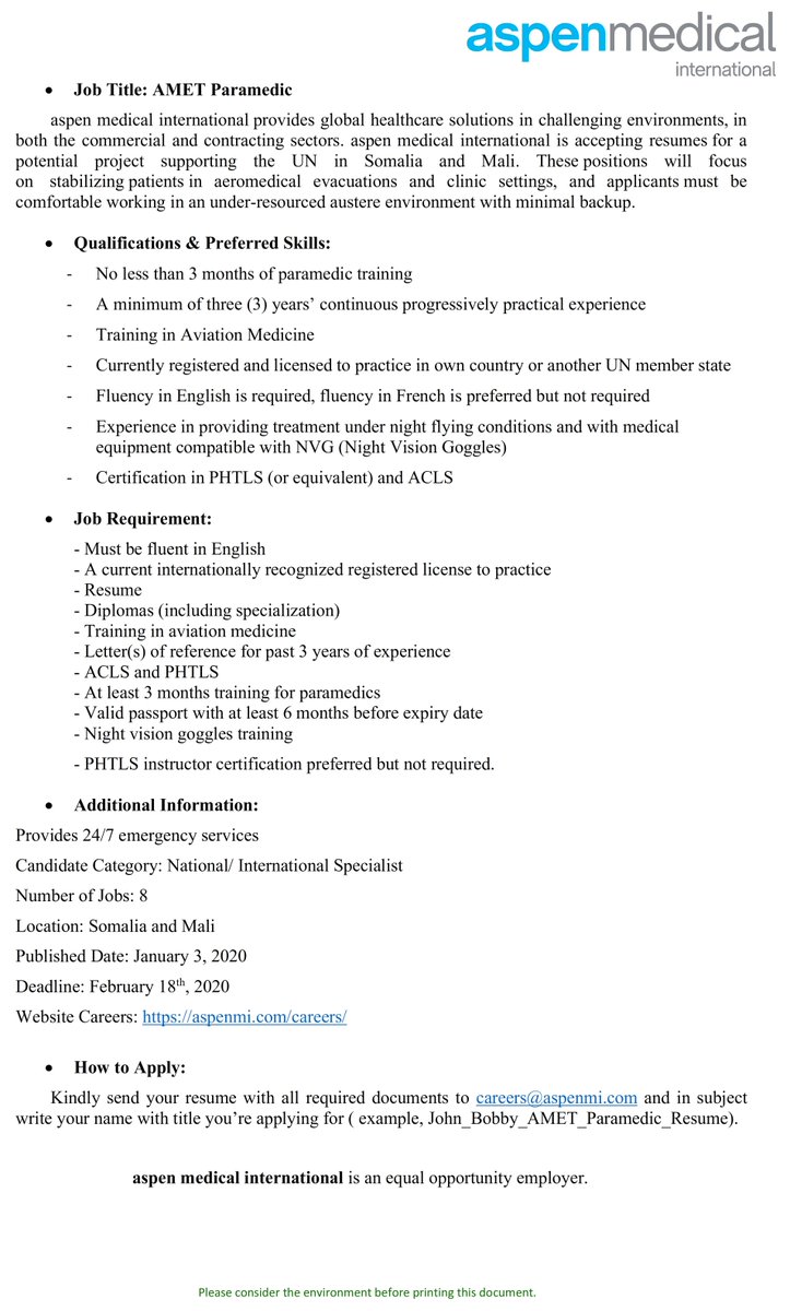 amiexphealth's tweet photo. We have new opportunities for International #medical professionals in #Somalia and #Mali

- AMET Specialist Doctor
- AMET Specialist Nurse
- AMET Paramedic

 Read the description in photos

 To Apply
 Send all documents to careers@aspenmi.com

#jobs #UN #مالي #الصومال #وظائف https://t.co/JYadyQVEnX