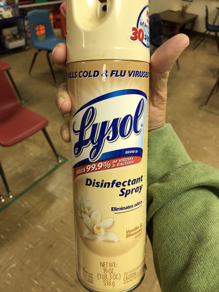 FrauBannister's tweet photo. Okay, children. Leave the germs at the door. I’ve sprayed down every. possible. surface in our classroom. Illness be gone!! #HealthySpring #NoFluBugs #GotGermX https://t.co/V5Z3EsqnNE