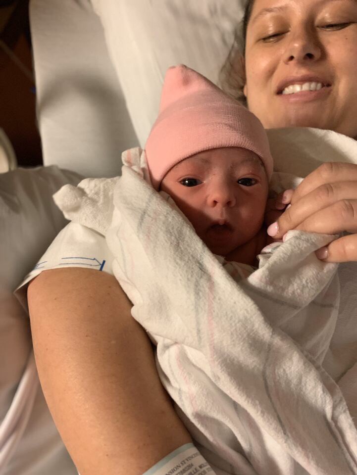 CarmelHSCheer's tweet photo. From gender reveal to grand debut!! Olivia Sue Reuille is finally here👏🏻👏🏻 She’s a perfect little peanut at 4lbs 11oz, 17.75in long. 💗 Congratulations Coach Molly and Wes on your new little bundle of joy. #welcomebabyreuille #cheersister #futuregreyhound https://t.co/605020VpEY