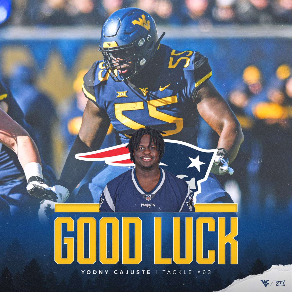 WVUfootball's tweet photo. Good luck to David Long Jr. and Yodny Cajuste who battle tonight in the #NFLPlayoffs!

#HailWV | #TENvsNE | #Titans | #GoPats https://t.co/2wqxEMg5mI