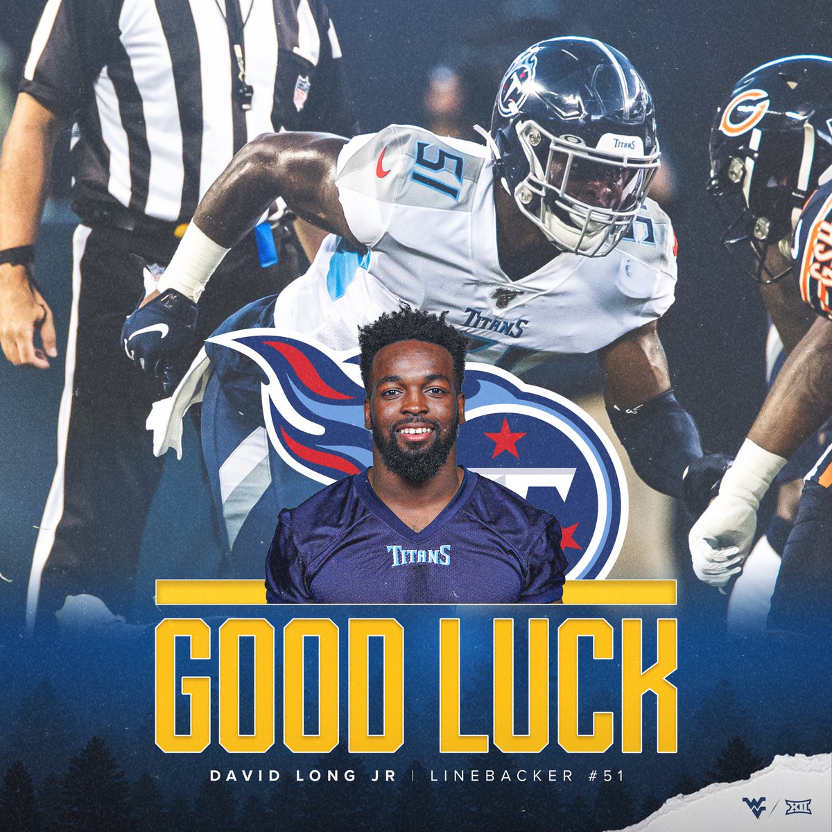 WVUfootball's tweet photo. Good luck to David Long Jr. and Yodny Cajuste who battle tonight in the #NFLPlayoffs!

#HailWV | #TENvsNE | #Titans | #GoPats https://t.co/2wqxEMg5mI