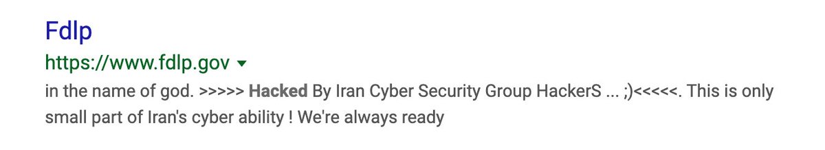 W7VOA's tweet image. Apparent hacking by an #Iran-linked group of a US government website (the little-known Federal Depository Library Program). fdlp.gov is currently offline.
