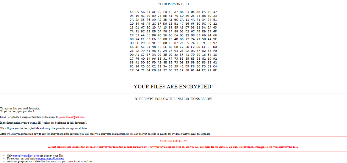 GrujaRS's tweet photo. #GlobeImposter 2.0 #Ransomware!
Extenssion .[ponce.lorena@aol.com]
Ransom note;HOW_RECOVER.html
Sample VT https://t.co/t43rVdeEVq https://t.co/g3ee8nuHtG