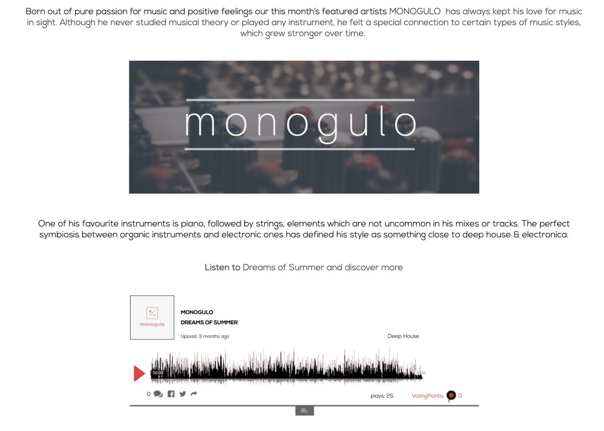BerlinMusicStat's tweet photo. Check out our this month´s featured #artists #featured
@monogulo
 and listen to his work #Dreamsofsummer #deephouse https://t.co/2cfNW4LA00 #Berlin #music #artists #djs #bands #events #voting #indiemusic #singersongwriter #entrepreneurship #community #news #vc #startup https://t.co/rSjHdvWs7a