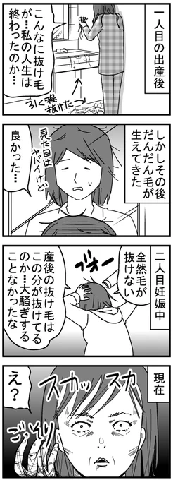 こんな感じで一時はどうなるかと思いましたが、少しずつ抜け毛も減り、新しい毛が生えてきました。でもまだスカスカです。ちゃんと生えますようにと毎日揉んでいます…。
#育児漫画 