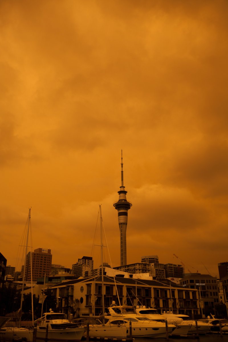 GalaGeorgette's tweet photo. Took these in Auckland city, New Zealand at 3pm today. The smoke from the #AustralianBushfire shrouding everything in orange. https://t.co/tgoRx4I11v