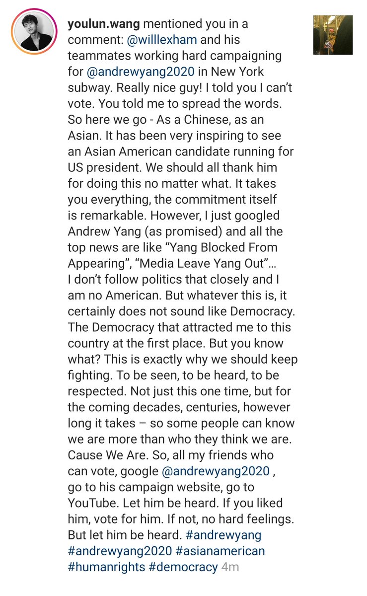 WillLexHam's tweet photo. I'M IN TEARS RIGHT NOW!!! 😭😭😭

After our shoot on the subway, I get this notification on Instagram. I didn't even tell him my name. How did he find me??

But this is why we Yang people...  WOW!!!

This campaign is for the sake of the World!!!

#YangGang #HumanityFirst https://t.co/gcvmEBGmyj