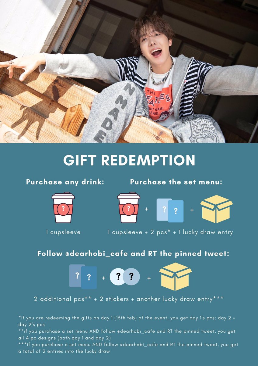 dearhobi_cafe's tweet photo. ‧͙⁺˚*･༓☾ EVENT DETAILS ☽༓･*˚⁺‧͙

Birthday event for BTS J-Hope 🥳🥺

📍Coffeesmith, Suntec [@CoffeesmithSC]
🗓 15 - 16 February 2020 [Sat-Sun] 
⏱ 11AM - 7PM 
💬 #DEARHOBI #dearhobi #HappyJHOPEday #happybirthdayjhope #JHOPE생일 https://t.co/pYFsnuaK2x