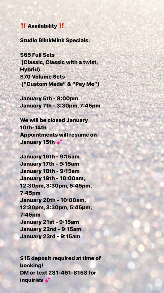 StudioBlinkMink's tweet photo. Studio BlinkMink will be doing $65 Full Sets and $70 Volume Sets the entire month of Januaryπ DM or text 281-451-8158 for booking!
#TheStudio #SHSU #SHSULashTech #SHSU20 #StudioBaddie #HotGirl #HoustonLashTech #LashArtist #EyelashExtensions #SHSU21
#HuntsvilleLashTech #SHSU22 https://t.co/8Sd9gTbrOA