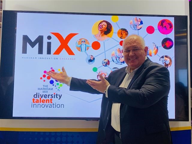 cityofmarkham's tweet photo. A YEAR IN REVIEW: At the @CollisionHQ conference, Mayor @frankscarpitti announced a new Markham Innovation Space, #MarkhamMix, which will be one of the largest innovation districts in North America. https://t.co/gxibCy4ftH 

#MarkhamMiX #MarkhamProud https://t.co/HkY7dudEEC