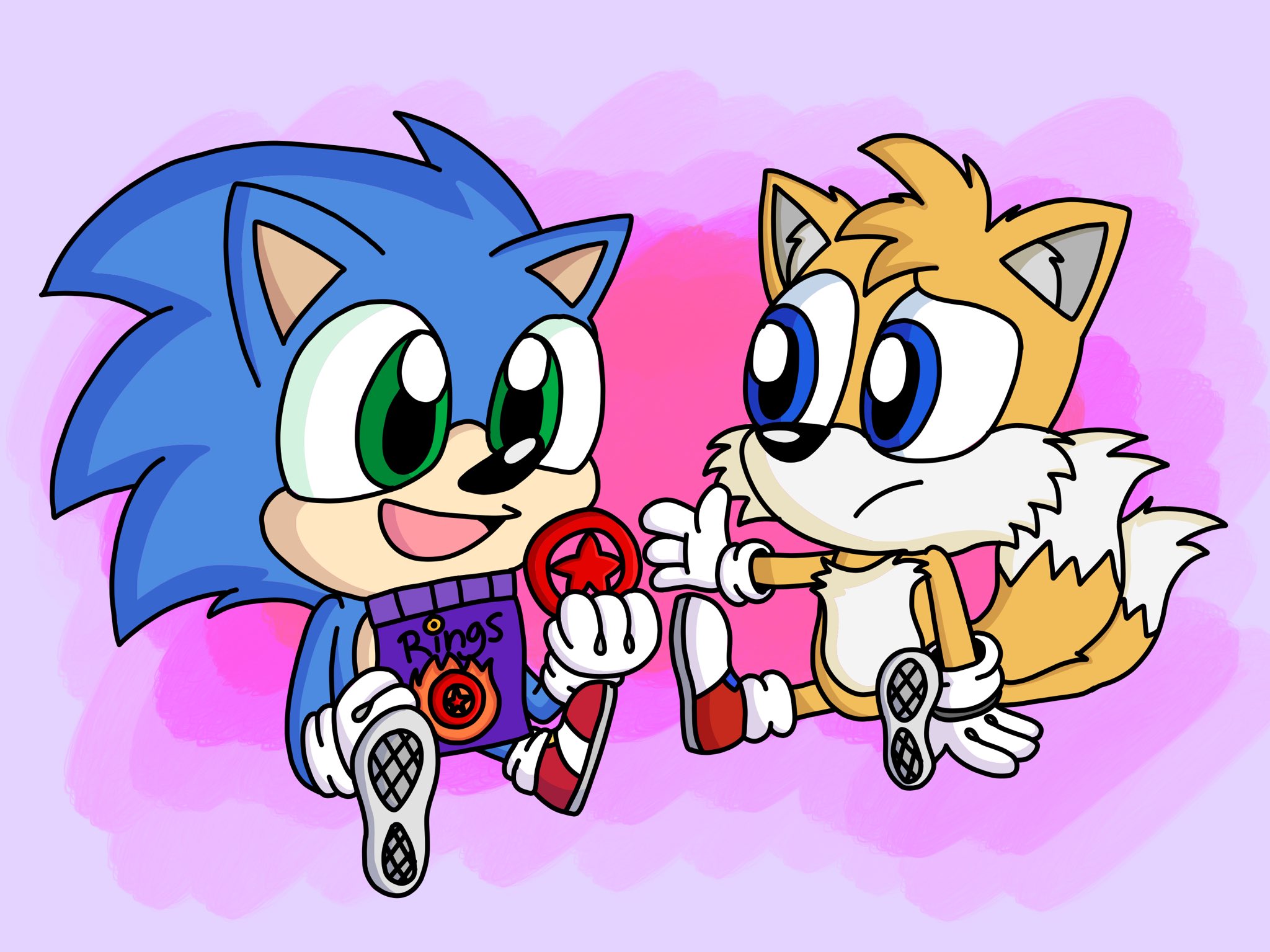 Joaquin on X: #MugiDrawsBabySonic Baby Sonic and Tails eating some spicy  red rings. I tried a thinner line style for this one and it was harder but  I like it!  /