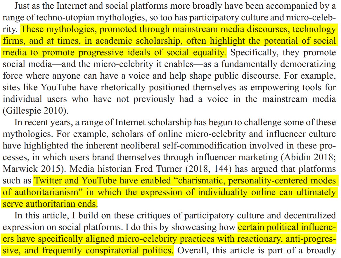 Just as the Internet and social platforms more broadly have been accompanied by a
range of techno-utopian mythologies, so too has participatory culture and micro-celebrity. These mythologies, promoted through mainstream media discourses, technology
firms, and at times, in academic scholarship, often highlight the potential of social
media to promote progressive ideals of social equality. Specifically, they promote
so