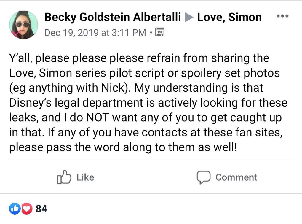it’s been (unformally) announced that the show will come out with in summer 2020 there is a leaked script as well as some behind the scenes pictures that aren’t supposed to be out yetbecky albertalli (author of simon vs) has said to keep these from being spread online