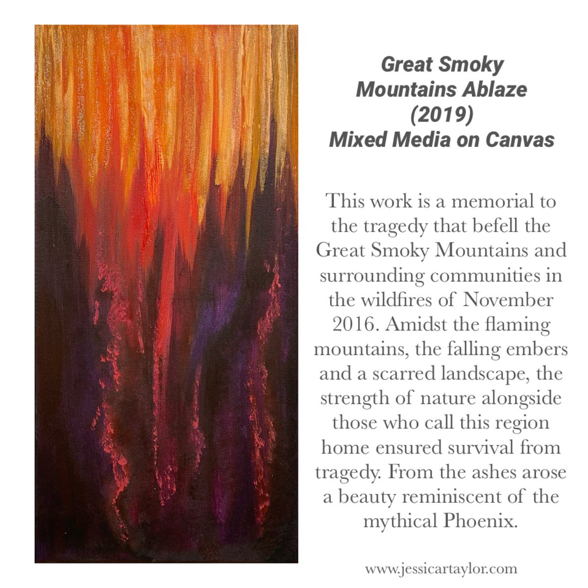 jrtaylorART's tweet image. Great Smoky Mountains Ablaze (2019), Mixed Media on Canvas
#GSMNP #greatsmokymountainsnationalpark #gatlinburg #gatlinburgtennessee #wildfires #nature #abstractexpressionism #painting #mixedmedia #localartists #ncartist #northcarolina #tn #gatlinburgwildfires #painter #tragedy