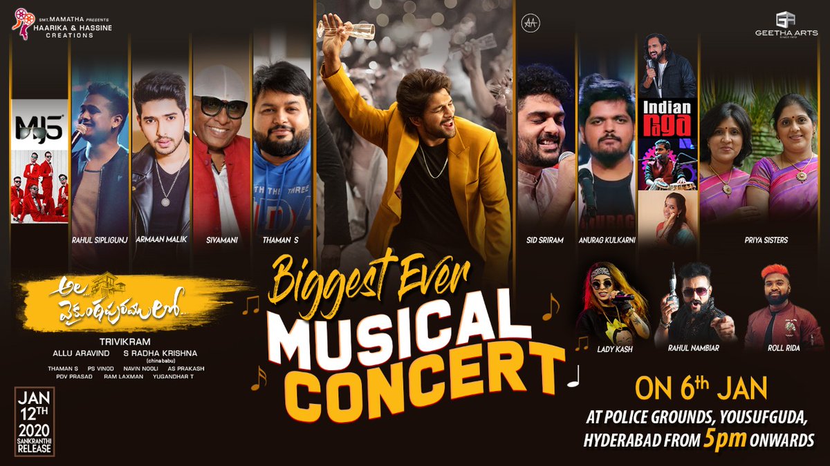 GeT ReadY To WitNess Biggest Ever  Musical Concert On Jan 6th from 5 PM Onwards at Police Grounds, Yousufguda, Hyderabad.

Here is the Hashtag 
#AVPLMusicalConcertTomorrow 

#AlaVaikunthapurramuloo