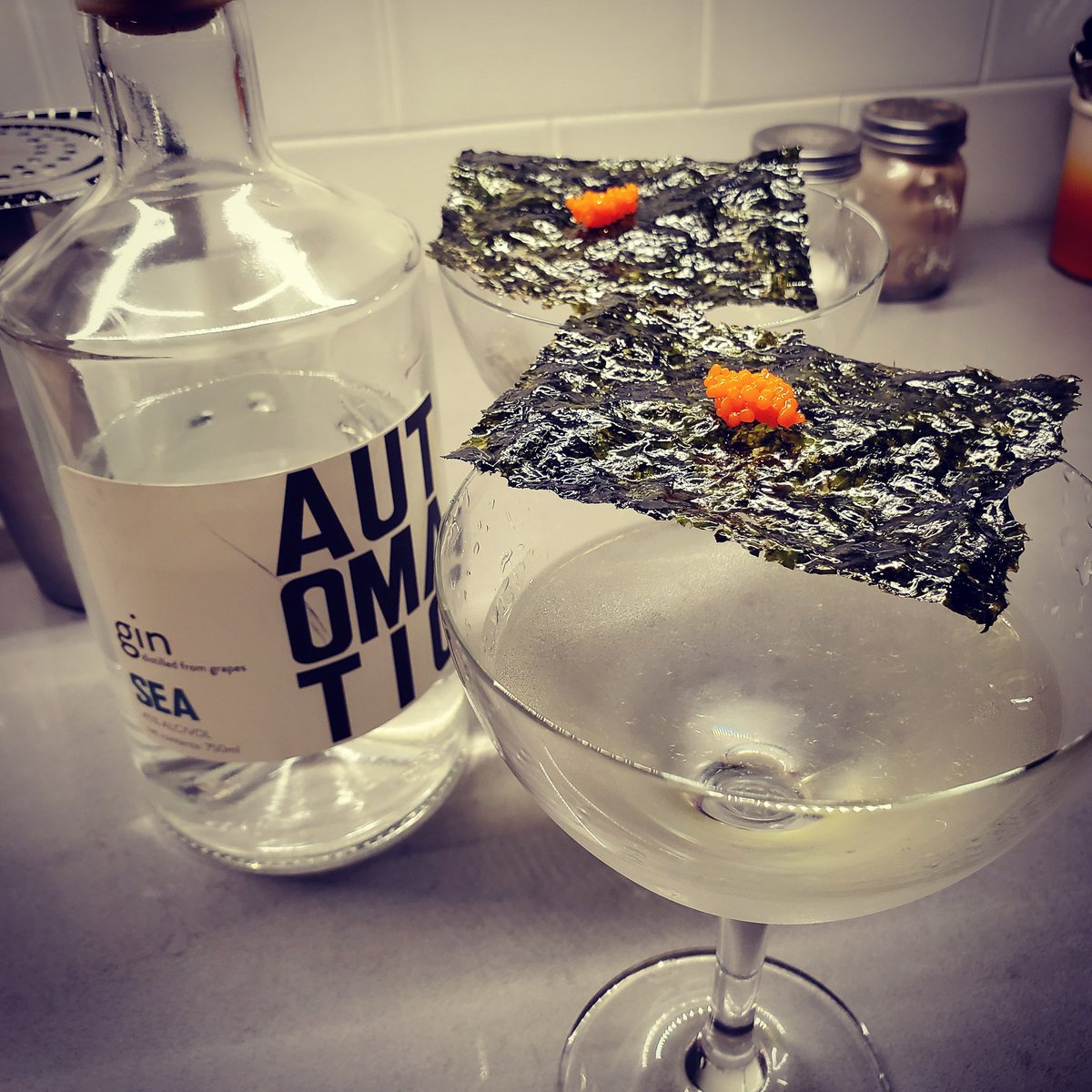 Raising a glass to local <a href="/oaklandspirits/">Oakland Spirits</a> distillery. Totally unique Automatic #SeaGin with toasted nori and seaweed pearls martini--perfect for a crisp Oakland night.